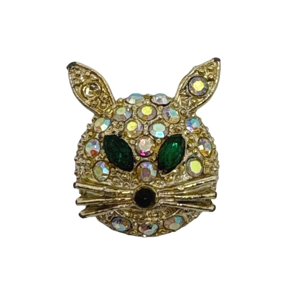 Aurora Borealis Rhinestone Rabbit Bunny Brooch Green Eyes Pin Vintage Gold Tone